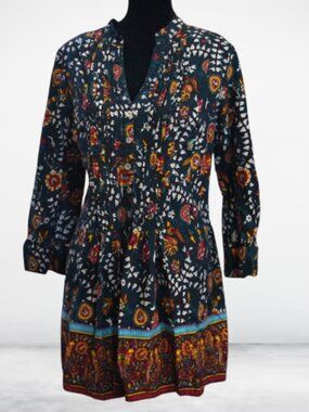 Eshakti Pintuck Vibrant Paisley Floral Tunic Turquoise Cotton Large 12